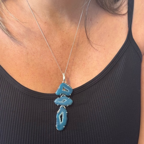 Long Agate Geode Slice. 925 Silver Plated. Handmade Pendant 3.3" - Picture 7 of 7